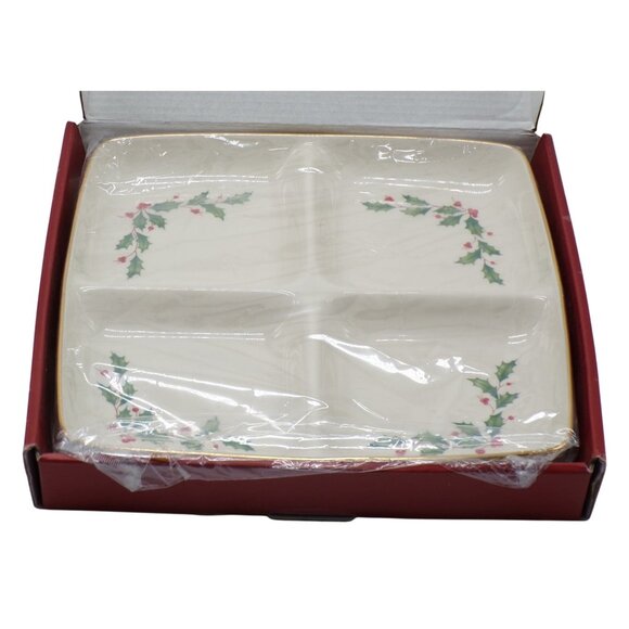 Lenox Holiday 4-Section Divided Square Server Dish Holly Berry Gold Trim 9.25" - Picture 4 of 7
